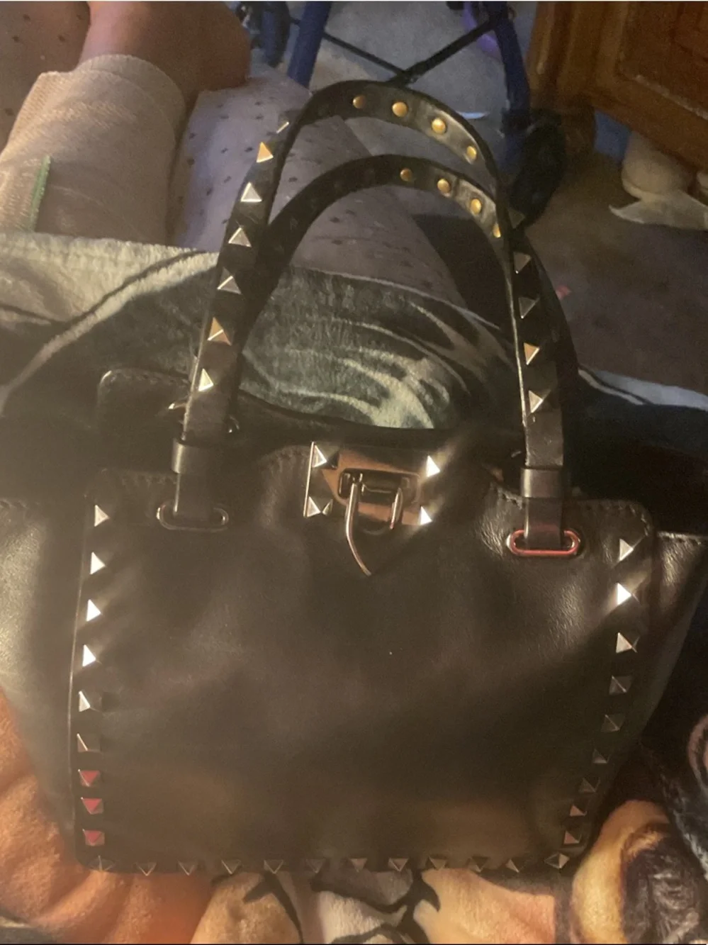 Valentino Garavani Black Leather Studded Satchel Tote - Picture 4 of 12